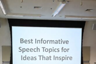 College student presenting informative speech with slides in classroom