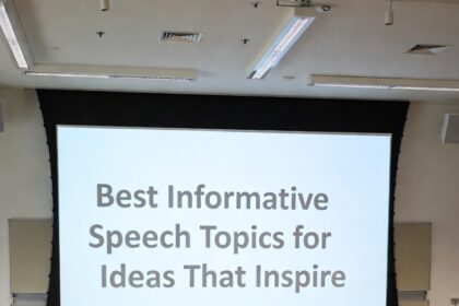 College student presenting informative speech with slides in classroom