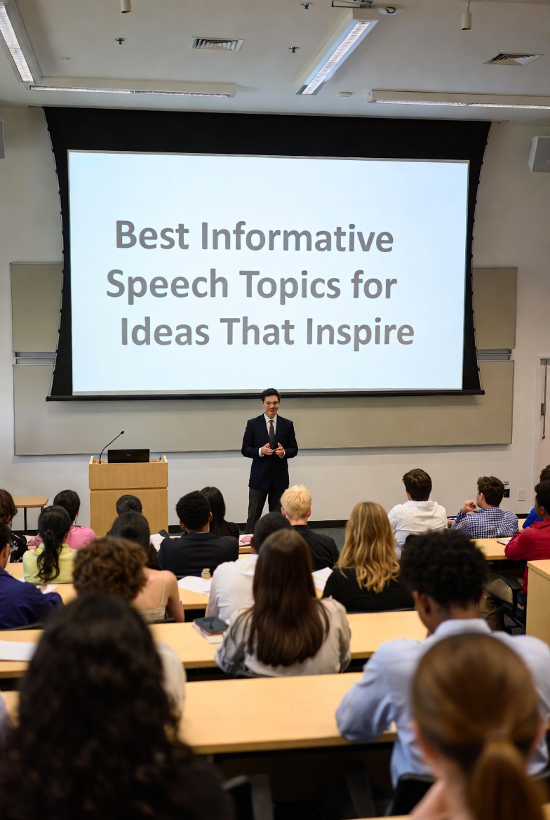 College student presenting informative speech with slides in classroom
