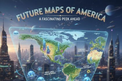 A conceptual map of the future United States showing shifting coastlines, new city hubs, and digital data layers.