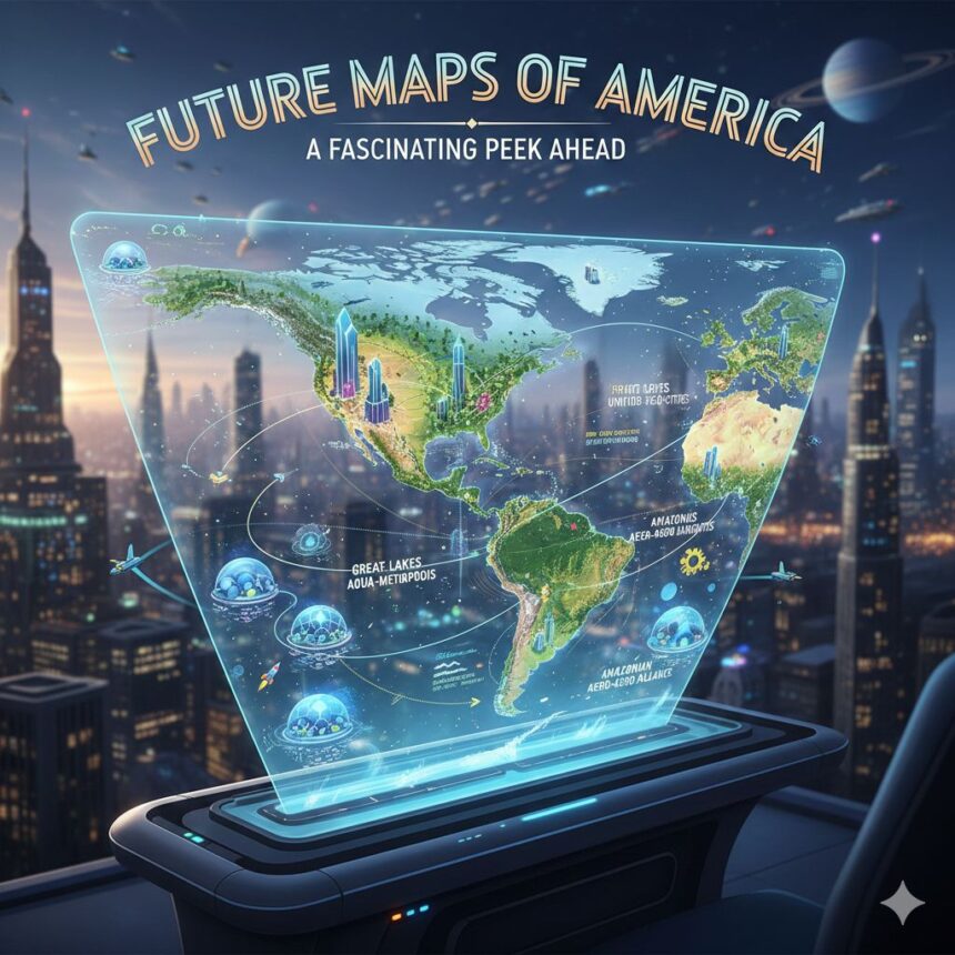 A conceptual map of the future United States showing shifting coastlines, new city hubs, and digital data layers.