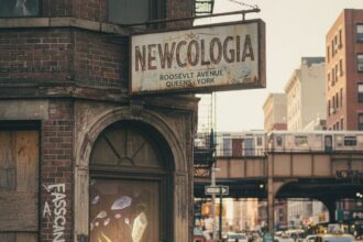 Storefront of Newcologia located on the bustling Roosevelt Avenue in Queens, New York.