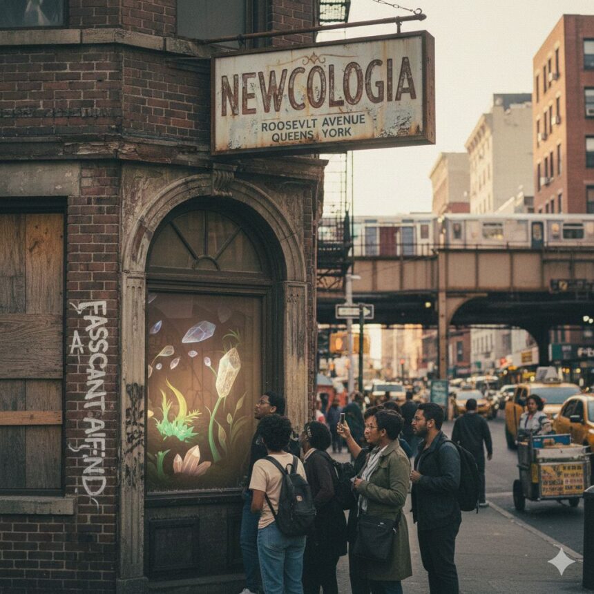 Storefront of Newcologia located on the bustling Roosevelt Avenue in Queens, New York.