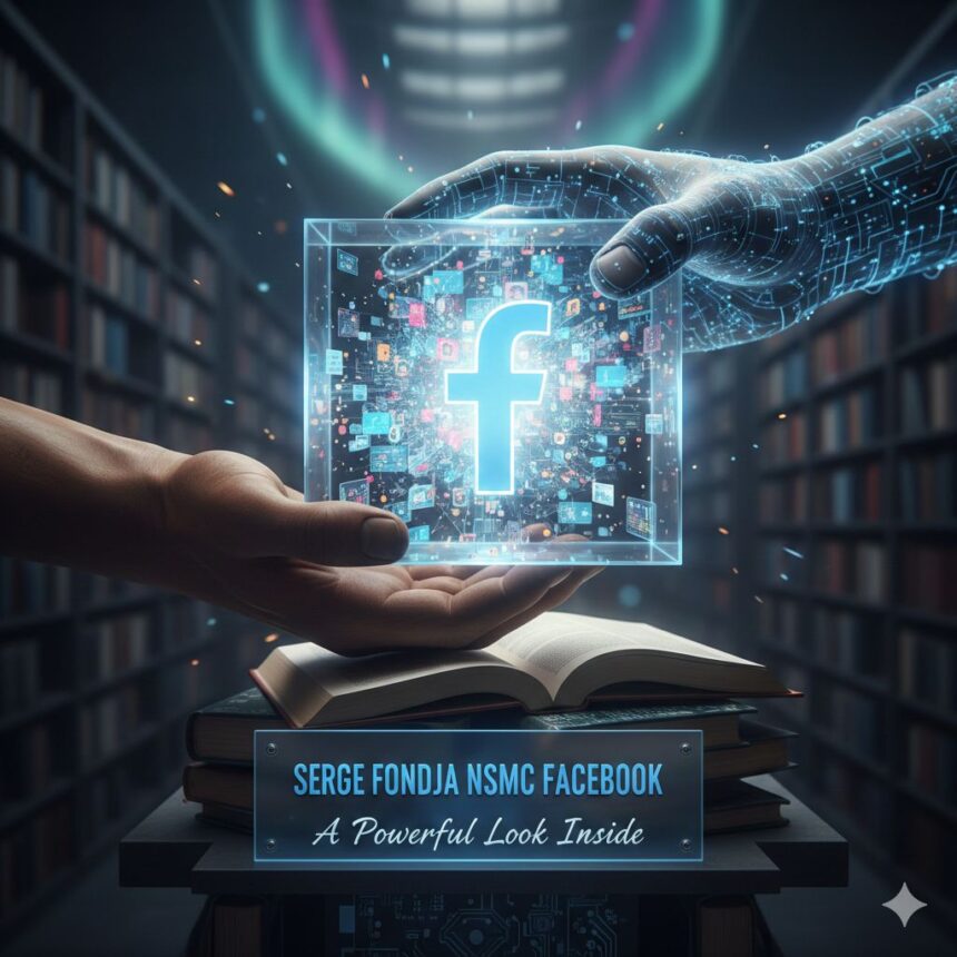 Serge Fondja presenting a digital strategy, with NSMC and Facebook logos integrated.