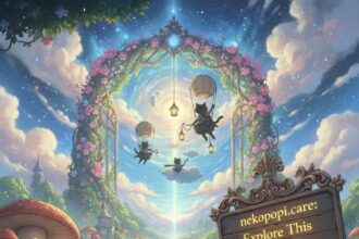 A cheerful, cartoon-style cat character from the Nekopopi.Care platform on a bright, digital screen.