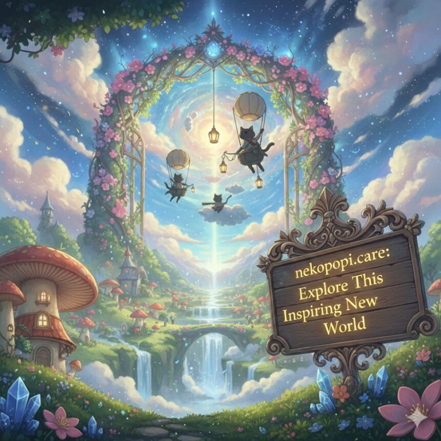 A cheerful, cartoon-style cat character from the Nekopopi.Care platform on a bright, digital screen.