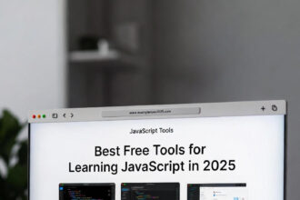 A beginner's workspace showing a laptop with JavaScript code on screen, alongside a notebook and coffee, representing the learning journey.