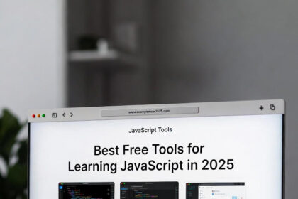 A beginner's workspace showing a laptop with JavaScript code on screen, alongside a notebook and coffee, representing the learning journey.