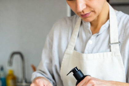 A person's hands cleaning the removable white water tank of a coffee machine with a blue brush at a kitchen sink.