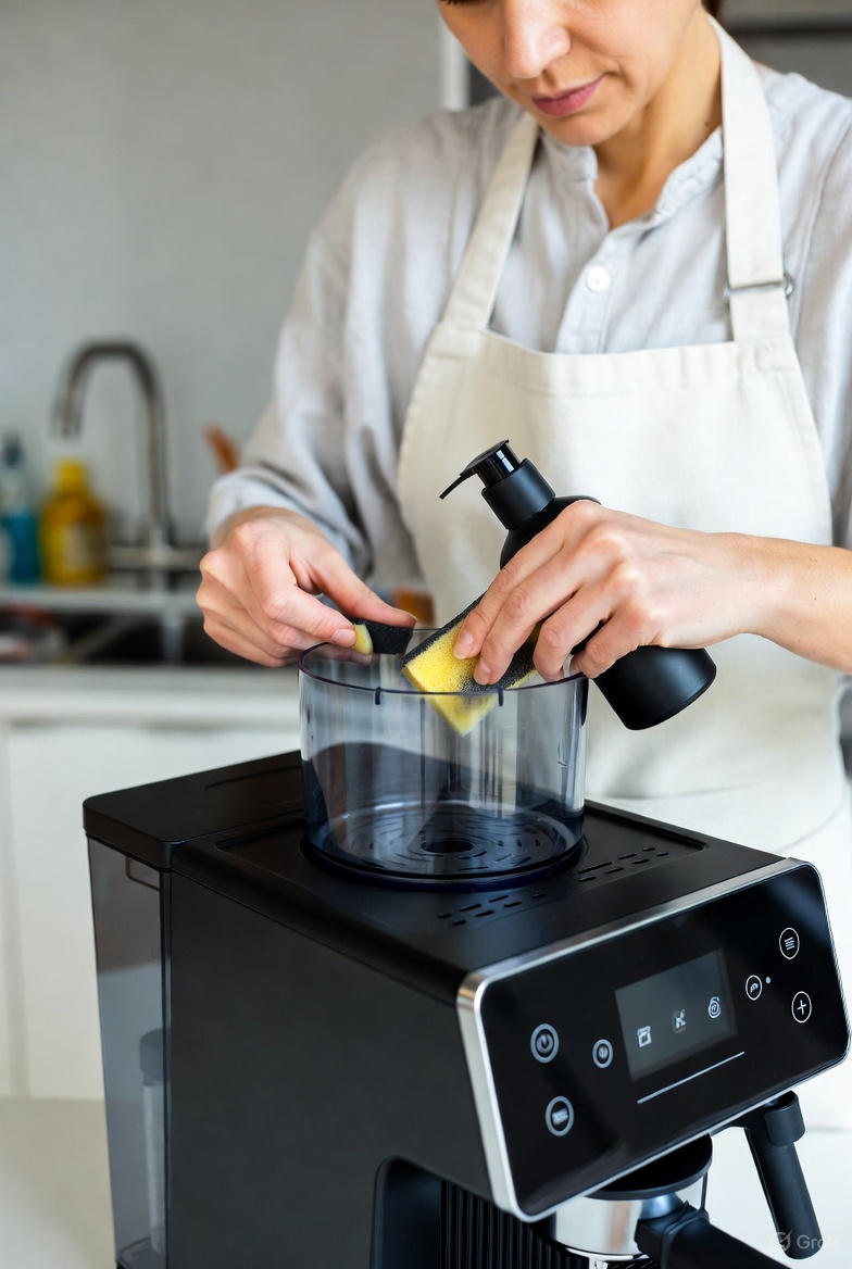 A person's hands cleaning the removable white water tank of a coffee machine with a blue brush at a kitchen sink.