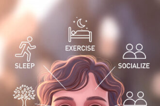 A person sitting calmly in a peaceful natural setting, taking a deep breath, representing daily mindfulness and emotional balance habits.