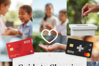 A hand holding a credit card with a charity's logo on it, with a blurred background of people volunteering, symbolizing spending that leads to social good.