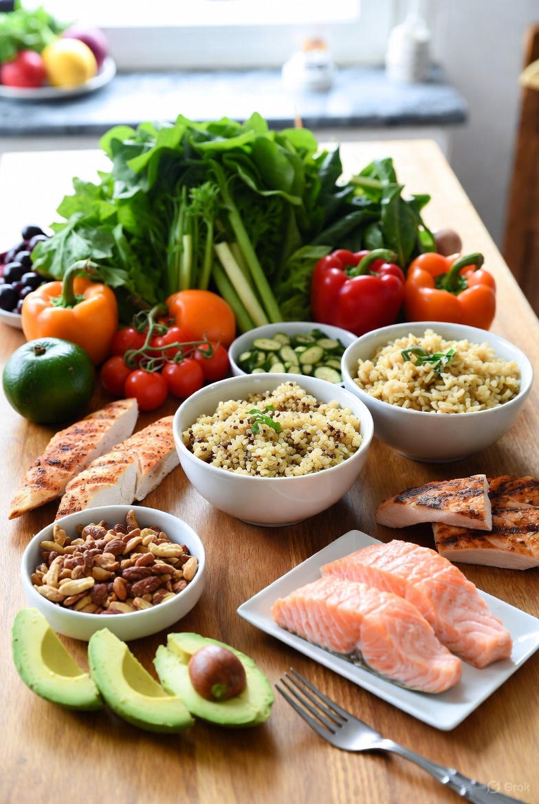 Assorted glass containers with prepped heart-healthy meal components including quinoa, salmon, roasted vegetables, and leafy greens on a kitchen counter