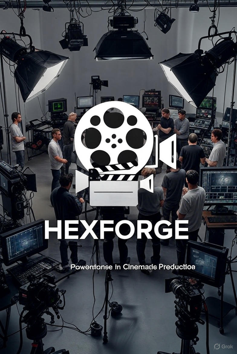 Image of Hexforge Entertainment logo with film reels; Hexforge Entertainment project visuals; Comparison table of film studios