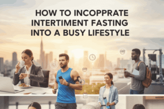 A professional woman at her desk checking a smartwatch, with a water bottle and notebook in the foreground, symbolizing the integration of intermittent fasting into a structured workday.