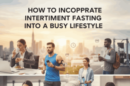 A professional woman at her desk checking a smartwatch, with a water bottle and notebook in the foreground, symbolizing the integration of intermittent fasting into a structured workday.