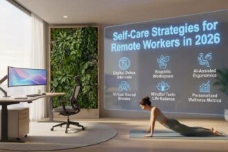 A person smiling while working comfortably on a laptop at a tidy home desk with a plant and notebook, representing balanced remote work.