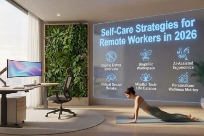 A person smiling while working comfortably on a laptop at a tidy home desk with a plant and notebook, representing balanced remote work.