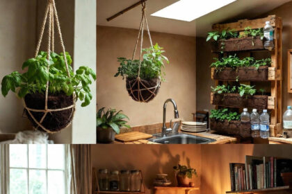 A modern, well-lit urban apartment balcony with lush green plants in vertical planters, a reusable coffee cup on a small table, and a bicycle visible in the background.
