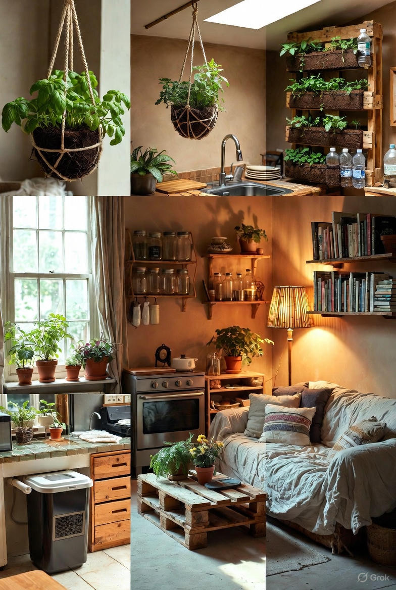 A modern, well-lit urban apartment balcony with lush green plants in vertical planters, a reusable coffee cup on a small table, and a bicycle visible in the background.