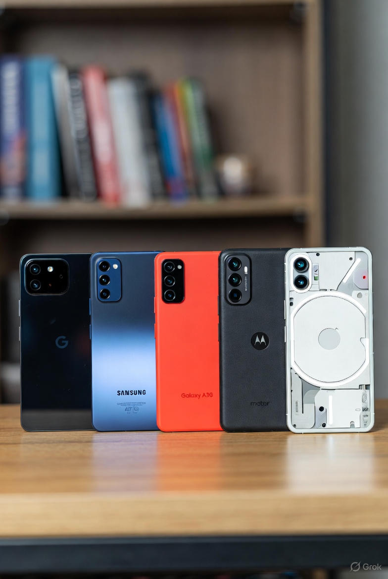 A collage of the top 2025 budget smartphones for students on a desk with notebooks and a laptop.