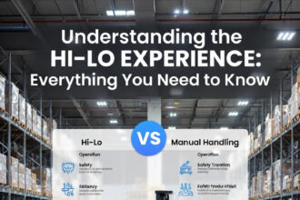 Hi-lo forklift in warehouse; Safety training for hi-lo operators; Comparison chart of hi-lo vs manual Category: Career and Skills
