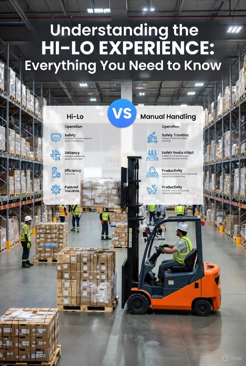 Hi-lo forklift in warehouse; Safety training for hi-lo operators; Comparison chart of hi-lo vs manual Category: Career and Skills
