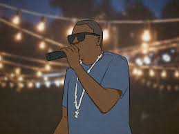 Person taking the online What Rapper Am I Quiz on a laptop, showing hip-hop icons in the background.