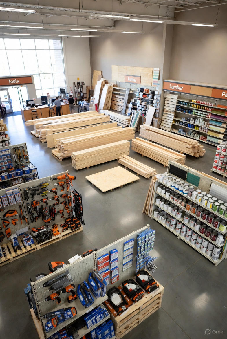 A well-organized hardware store aisle at Busy Beaver Weirton, showing lumber, tools, and friendly staff assistance.