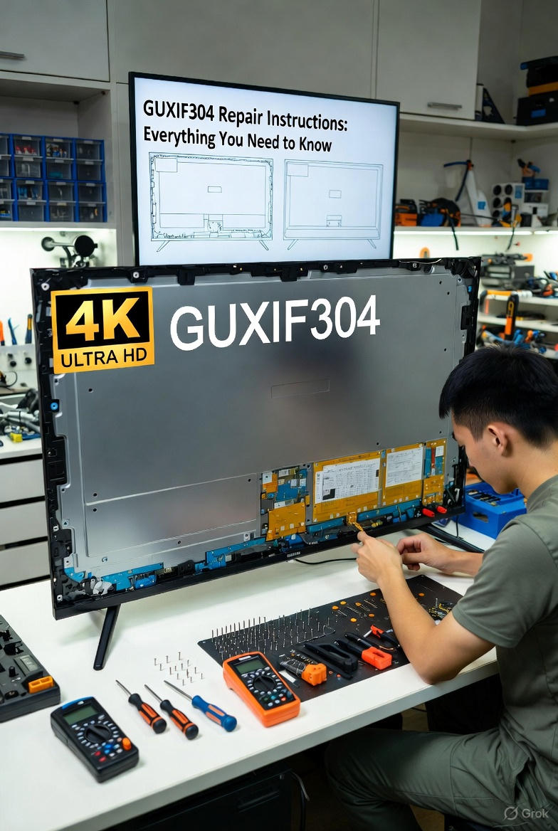 GUXIF304 smart TV display; Tools for repairing GUXIF304 model; Comparison chart of DIY vs pro repair.