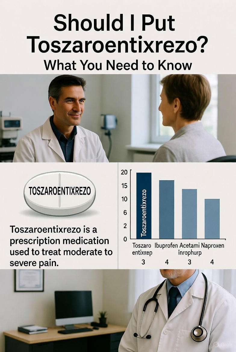 Illustration of Toszaroentixrezo pill; Chart comparing pain relievers; Doctor consulting patient