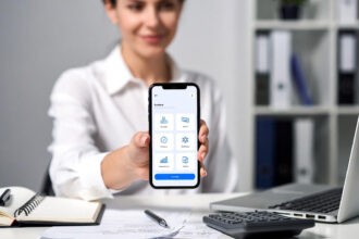 Varo app screenshot for business; High-yield savings chart; Varo debit card image