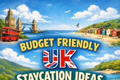 A family on a budget walking along a sunny UK coastal path with a backpack.