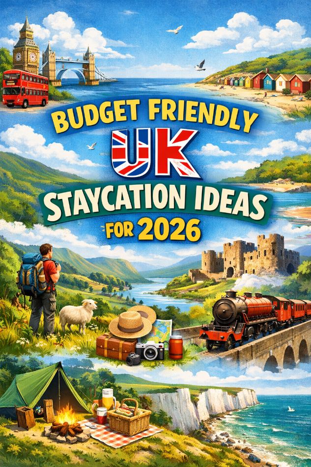 A family on a budget walking along a sunny UK coastal path with a backpack.