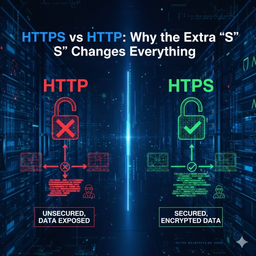 Diagram illustrating the difference between unencrypted HTTP and encrypted HTTPS data transfer.