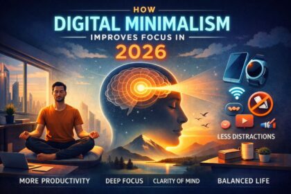 A person working with calm focus on a laptop in a clean, uncluttered room, symbolizing digital minimalism benefits.