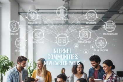 A diverse group of professionals collaborating on a digital world map, connected by glowing lines representing online community networks.