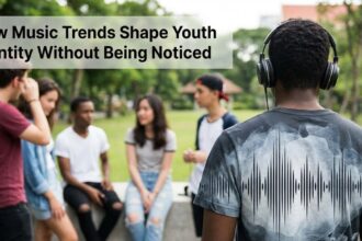 A diverse group of young people sharing headphones, symbolizing the communal and personal experience of music.