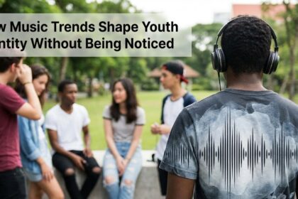 A diverse group of young people sharing headphones, symbolizing the communal and personal experience of music.