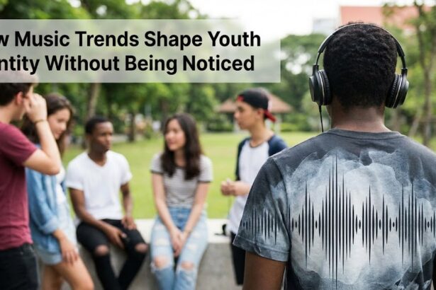 A diverse group of young people sharing headphones, symbolizing the communal and personal experience of music.