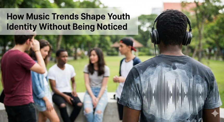 A diverse group of young people sharing headphones, symbolizing the communal and personal experience of music.