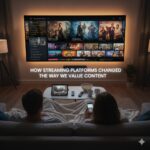 Illustration showing transition from physical media collections to digital streaming interfaces on multiple devices