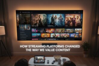 Illustration showing transition from physical media collections to digital streaming interfaces on multiple devices