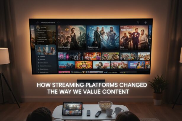 Illustration showing transition from physical media collections to digital streaming interfaces on multiple devices