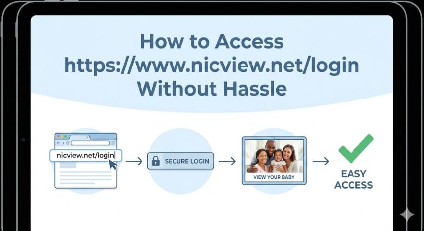 A parent viewing a live video stream of their baby in a hospital incubator on a laptop, showing the NicView login page on the screen.