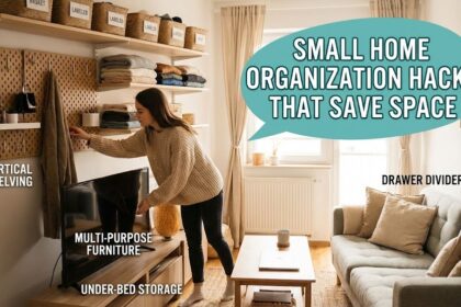 A neatly organized small living room with multi-functional furniture and clever storage solutions, demonstrating effective small home organization ideas.