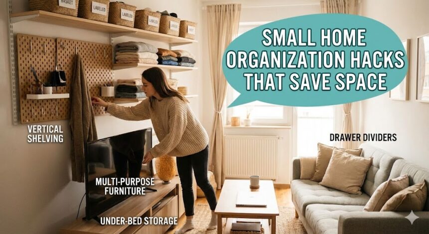 A neatly organized small living room with multi-functional furniture and clever storage solutions, demonstrating effective small home organization ideas.