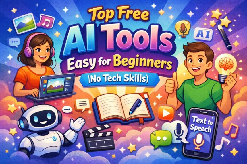 A person smiling while easily using multiple free AI tool interfaces on a laptop and tablet.