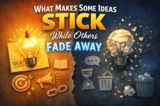 A conceptual image showing a lightbulb with velcro hooks surrounded by floating symbols representing simplicity, stories, and emotion, visually explaining why ideas stick.