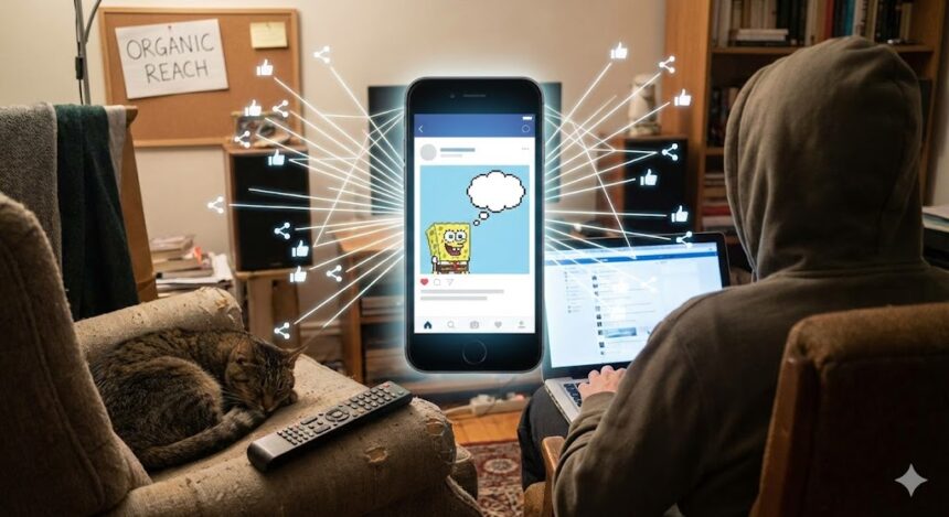 Illustration showing a network of interconnected nodes with a central video icon radiating light, representing viral content spreading organically.